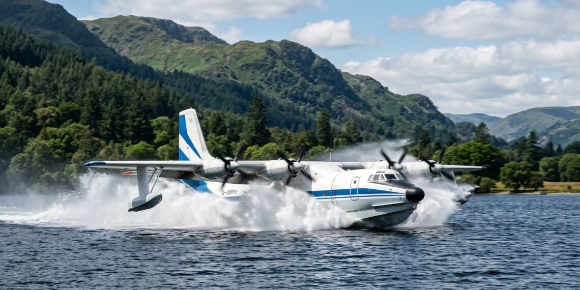 Avião anfíbio quadrimotor deslizando sobre lago e levantando spray de água ao reabastecer os tanques