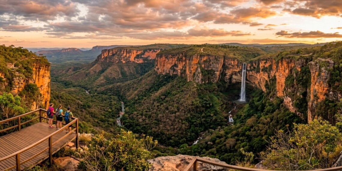 O planalto que já foi mar e deserto guarda o centro geodésico da América do Sul e uma cachoeira de 86 metros em Mato Grosso