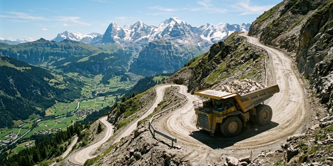 Caminhão de mineração elétrico gigante descendo encosta de montanha alpina suíça carregado de rocha calcária