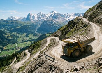 Caminhão de mineração elétrico gigante descendo encosta de montanha alpina suíça carregado de rocha calcária