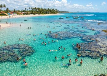Piscinas naturais que só aparecem na maré baixa a alguns quilômetros da costa: o Caribe brasileiro dentro da maior reserva marinha do país