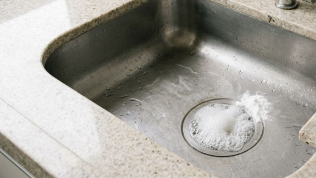 O truque simples da vovó usando vinagre de álcool e bicarbonato para desentupir a pia da cozinha de forma fácil e rápida