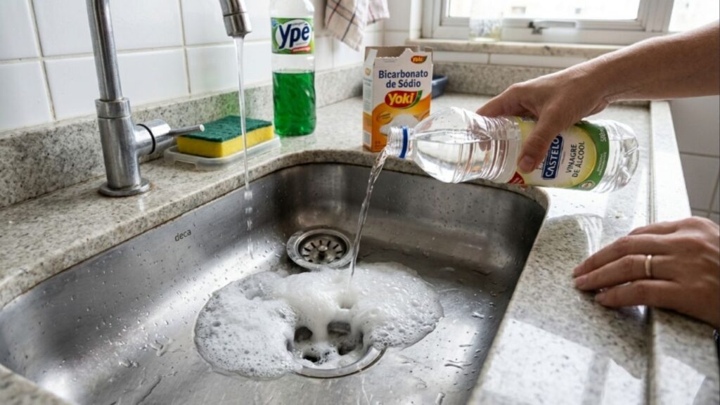 O truque simples da vovó usando vinagre de álcool e bicarbonato para desentupir a pia da cozinha de forma fácil e rápida