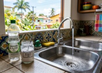 O truque simples da vovó usando vinagre de álcool e bicarbonato para desentupir a pia da cozinha de forma fácil e rápida
