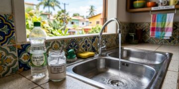 O truque simples da vovó usando vinagre de álcool e bicarbonato para desentupir a pia da cozinha de forma fácil e rápida