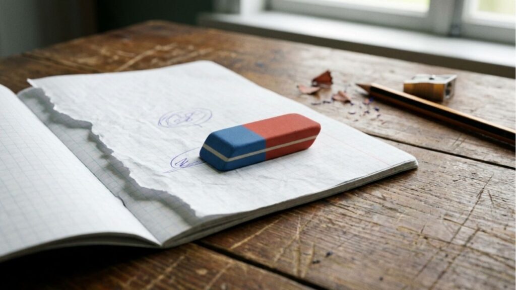 Para que serve a parte azul da borracha escolar clássica, já que ela geralmente rasga a folha do caderno em vez de apagar a tinta da caneta?
