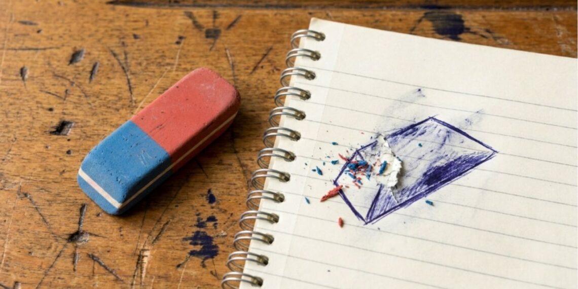 Para que serve a parte azul da borracha escolar clássica, já que ela geralmente rasga a folha do caderno em vez de apagar a tinta da caneta?