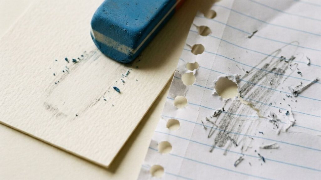 Para que serve a parte azul da borracha escolar clássica, já que ela geralmente rasga a folha do caderno em vez de apagar a tinta da caneta?