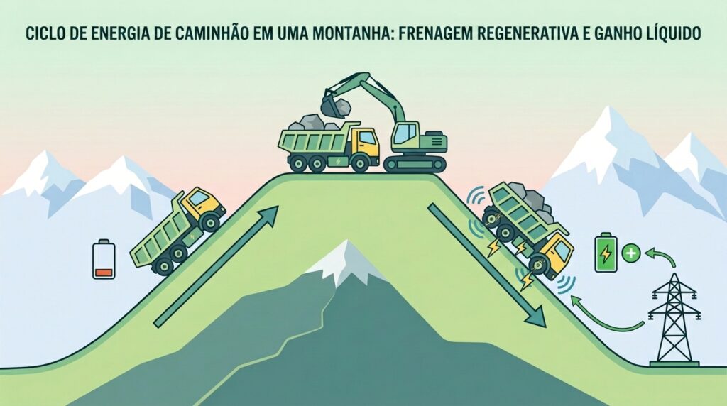 O ciclo que dispensa a tomada: sobe leve gastando pouco, desce pesado gerando muito — e o saldo de energia sobra (Imagem: Ilustrativa IA)