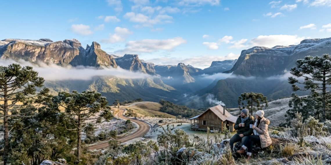 Montanhas que tocam o céu em terras catarinenses: refúgio de paz onde o frio intenso cria o cenário perfeito para repouso e lazer sereno