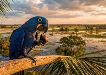 Esta arara-azul-grande nativa do Pantanal utiliza pedaços de madeira para quebrar cocos duros e surpreende pesquisadores ao demonstrar o uso avançado de ferramentas na natureza