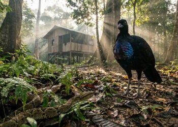 Esta ave amazônica conhecida como jacamim que virou destaque nas comunidades porque além de emitir vocalizações estridentes atua como um cão de guarda natural