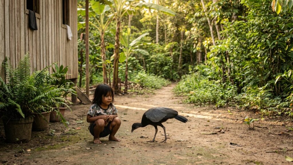 Esta ave amazônica conhecida como jacamim que virou destaque nas comunidades porque além de emitir vocalizações estridentes atua como um cão de guarda natural