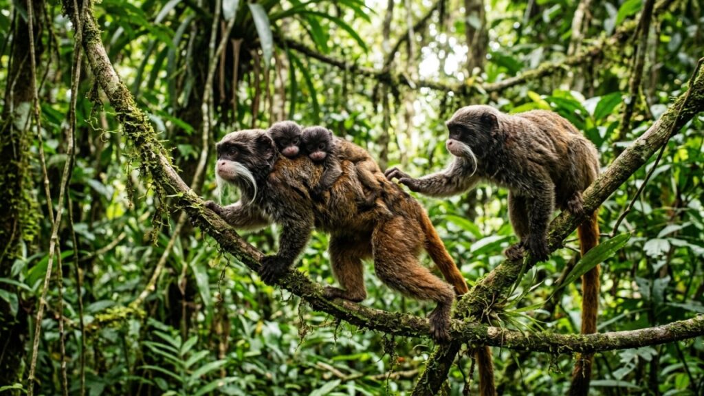 Este sagui-imperador exuberante da floresta amazônica que desafia os biólogos porque além de exibir bigodes brancos marcantes adota um sistema cooperativo único para cuidar dos filhotes