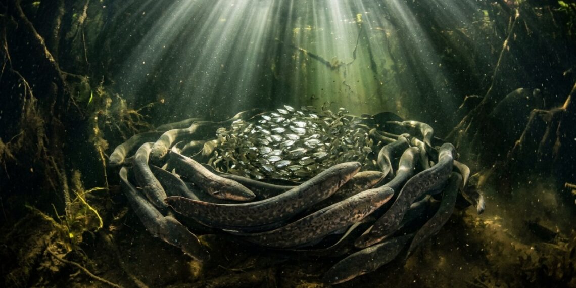 Esta espécie de enguia elétrica amazônica que virou destaque entre biólogos porque além de viver em comunidade consegue coordenar descargas elétricas simultâneas para caçar cardumes