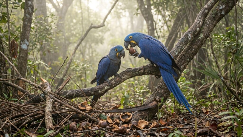 Esta arara-azul-grande nativa do Pantanal utiliza pedaços de madeira para quebrar cocos duros e surpreende pesquisadores ao demonstrar o uso avançado de ferramentas na natureza