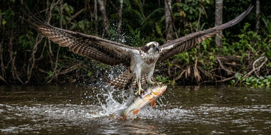 A águia-pescadora ganhou notoriedade na fauna amazônica devido à sua habilidade de mover garras reversíveis durante mergulhos profundos e capturar peixes com exatidão inigualável.