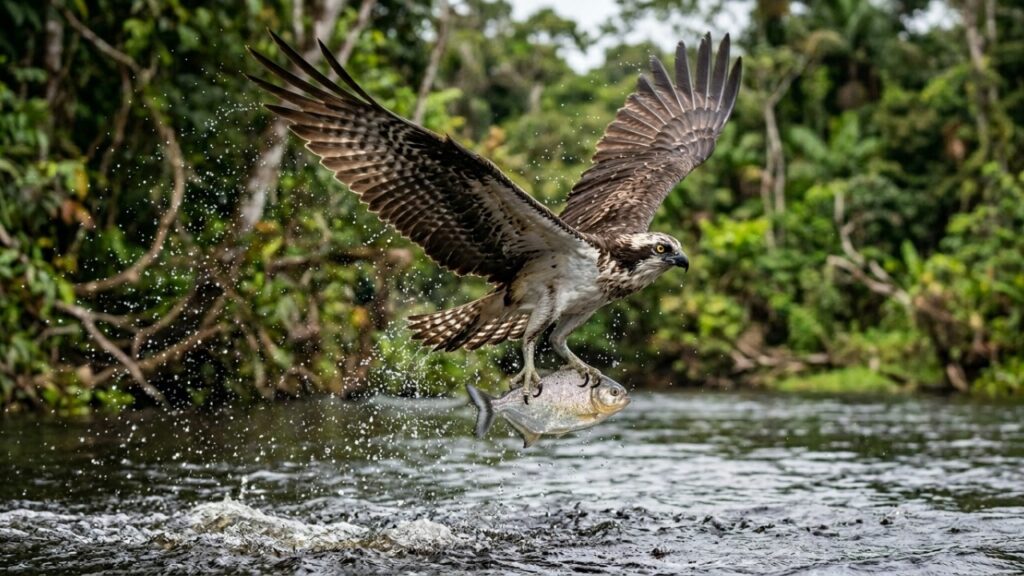 A águia-pescadora ganhou notoriedade na fauna amazônica devido à sua habilidade de mover garras reversíveis durante mergulhos profundos e capturar peixes com exatidão inigualável.