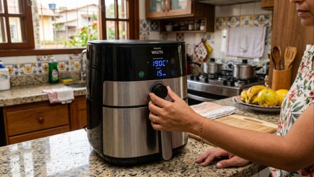 O que deve ser ajustado primeiro, o tempo ou a temperatura da Air Fryer, para evitar danos mecânicos na engrenagem e falhas no aquecimento?