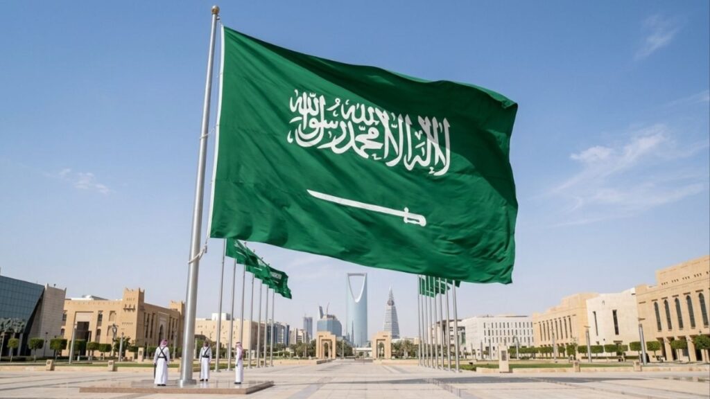 Por que a bandeira da Arábia Saudita possui uma espada e uma inscrição em árabe em fundo verde, e o que esses símbolos significam?