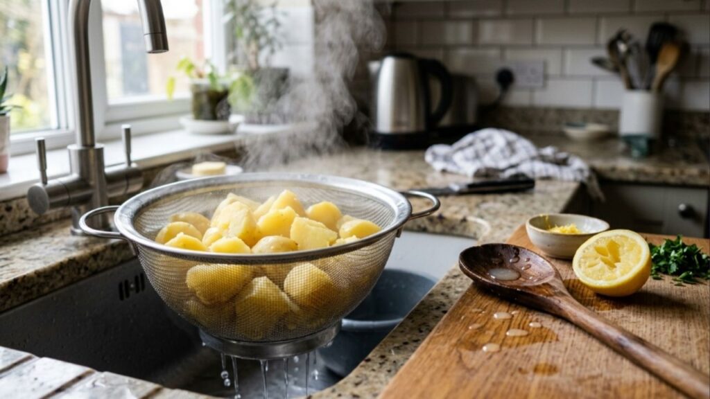 1 colher de sopa de suco de limão na água do cozimento e as batatas cozidas ficam firmes e não desmancham na hora de montar a maionese