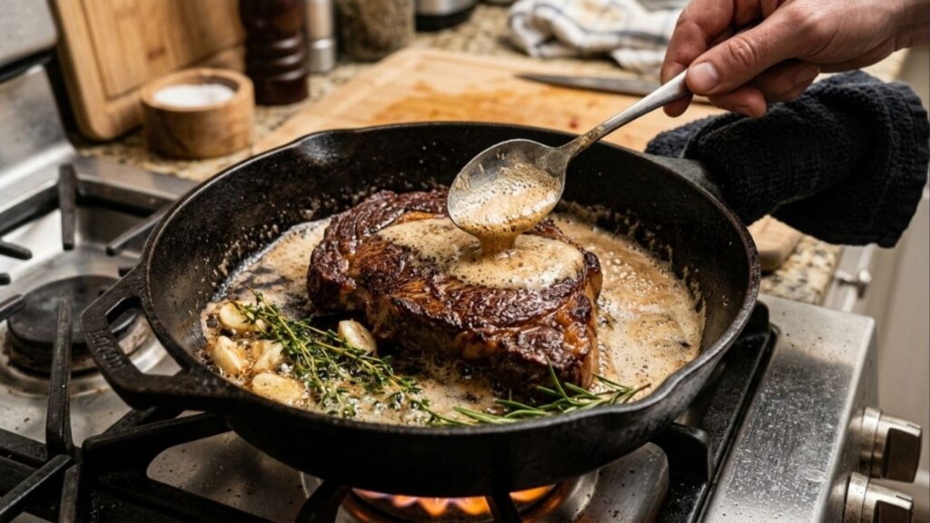 Os melhores chefs concordam: um bife suculento não se faz apenas jogando a carne temperada na frigideira; é preciso selar a peça em fogo altíssimo e adicionar um cubo de manteiga, dentes de alho e ramos de tomilho no final, banhando a crosta