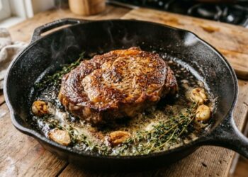 Os melhores chefs concordam: um bife suculento não se faz apenas jogando a carne temperada na frigideira; é preciso selar a peça em fogo altíssimo e adicionar um cubo de manteiga, dentes de alho e ramos de tomilho no final, banhando a crosta