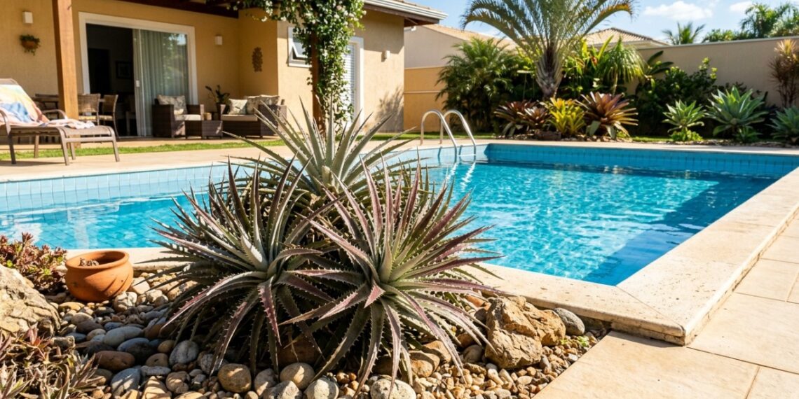 A bromélia de sol pleno que virou moda perto de piscinas porque além de não soltar folhas, não acumula água parada no centro