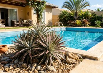 A bromélia de sol pleno que virou moda perto de piscinas porque além de não soltar folhas, não acumula água parada no centro