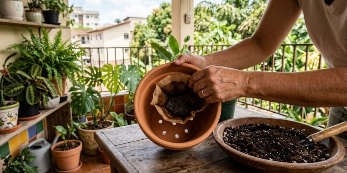 Colocar um filtro de papel de café usado no fundo do vaso novo: para que serve e quando fazer isso para a terra não escapar pelos furos de drenagem