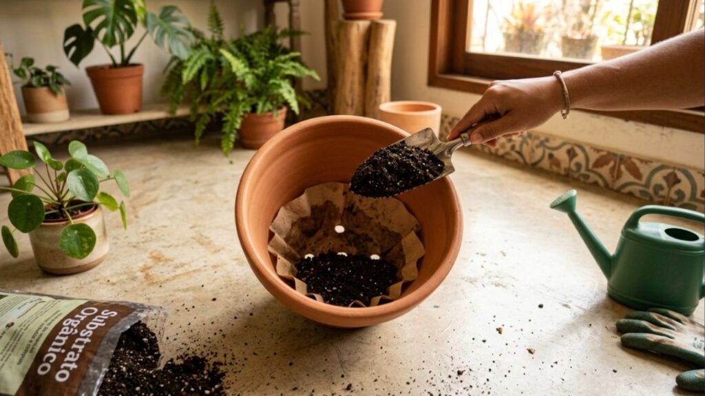 Colocar um filtro de papel de café usado no fundo do vaso novo: para que serve e quando fazer isso para a terra não escapar pelos furos de drenagem