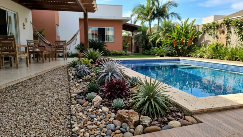 A bromélia de sol pleno que virou moda perto de piscinas porque além de não soltar folhas, não acumula água parada no centro