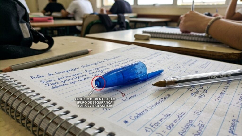Para que serve o pequeno furo na tampa da caneta esferográfica que quase todo estudante morde?