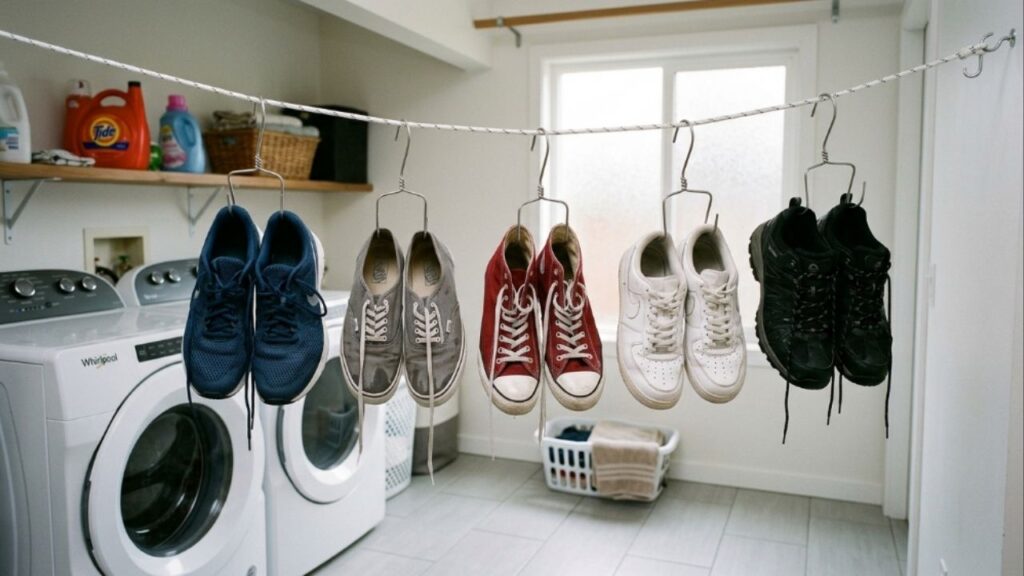 Não jogue cabides de metal velhos e tortos fora! Ideias para reutilizar esses arames como ganchos de varal para secar tênis e sapatos molhados