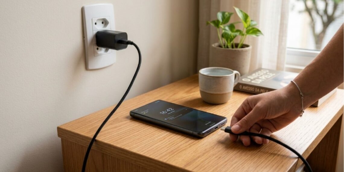 O que deve ser conectado primeiro, o telefone ou o carregador, para evitar danos mecânicos e elétricos na casa?