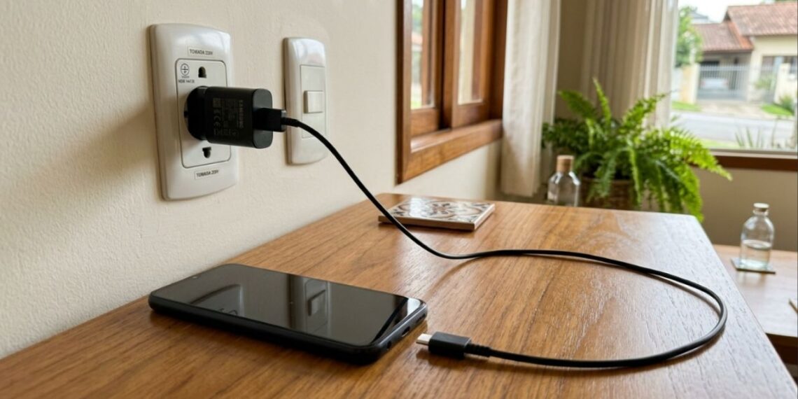 O que deve ser conectado primeiro, o telefone ou o carregador, para evitar danos mecânicos e elétricos?