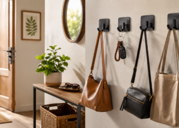 Coloque um gancho adesivo na entrada! Jeito fácil de fazer um cantinho para deixar as bolsas
