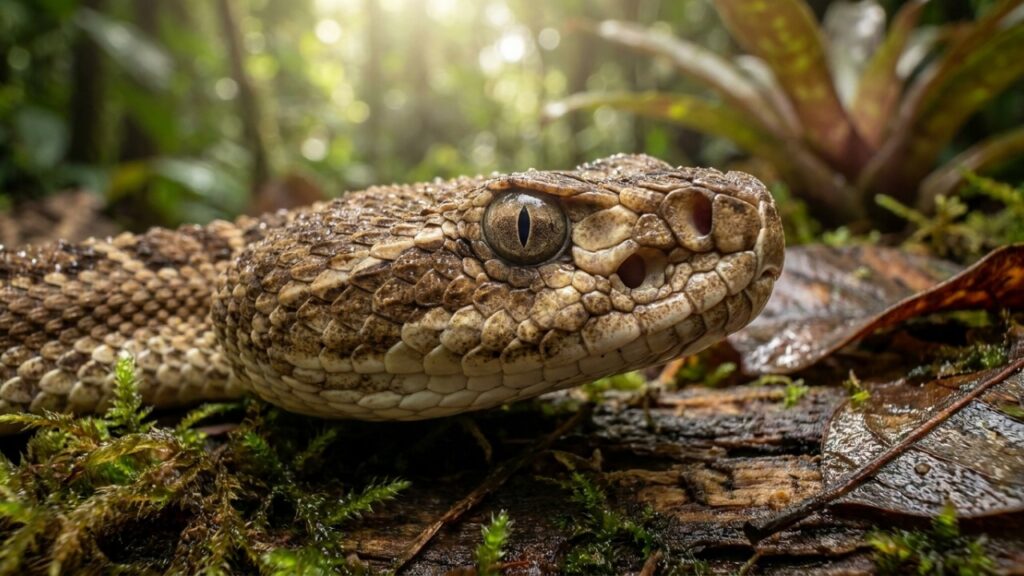 A perigosa cascavel da Amazônia ganhou notoriedade nos estudos de vida selvagem por, além de utilizar suas presas loreais, ser capaz de identificar o calor das presas no escuro da floresta