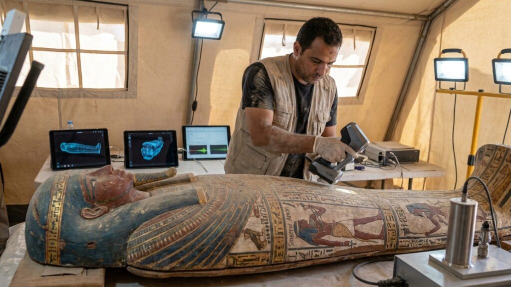 Pesquisadores encontram uma câmara mortuária intocada sob Luxor contendo dezenas de caixões pintados e papiros selados em um local onde se acreditava que tudo já havia sido escavado