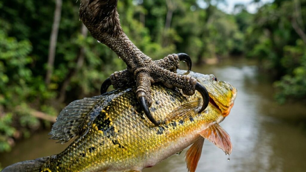 A águia-pescadora ganhou notoriedade na fauna amazônica devido à sua habilidade de mover garras reversíveis durante mergulhos profundos e capturar peixes com exatidão inigualável.