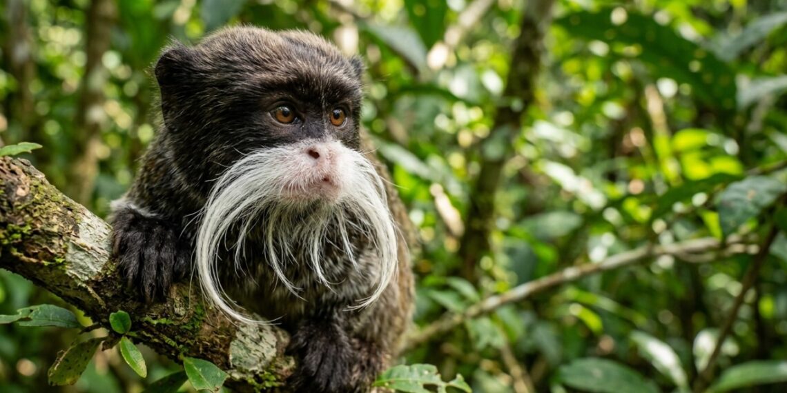 O intrigante sagui-imperador, famoso pelos estudos de vida selvagem por seus bigodes exuberantes e por sua surpreendente criação coletiva de filhotes na selva amazônica
