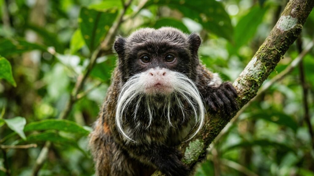O intrigante sagui-imperador, famoso pelos estudos de vida selvagem por seus bigodes exuberantes e por sua surpreendente criação coletiva de filhotes na selva amazônica