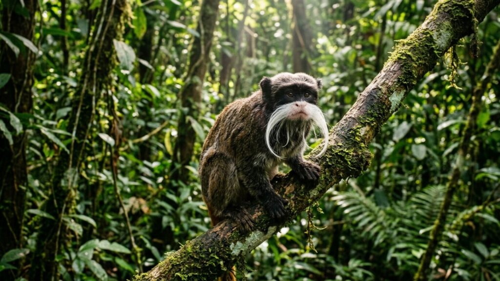 Este sagui-imperador exuberante da floresta amazônica que desafia os biólogos porque além de exibir bigodes brancos marcantes adota um sistema cooperativo único para cuidar dos filhotes