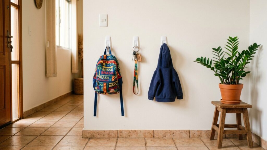 Coloque um gancho adesivo na entrada! Jeito fácil de fazer um cantinho para deixar as bolsas