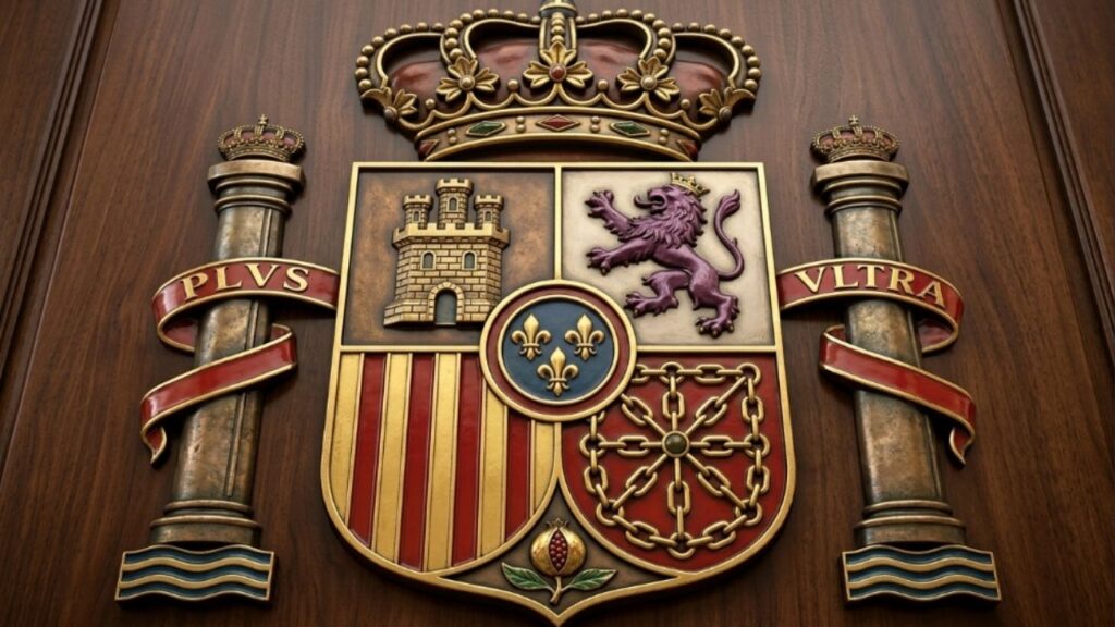 Por que a bandeira da Espanha possui uma faixa vermelha e amarela com um escudo no centro, e o que cada elemento dele representa?