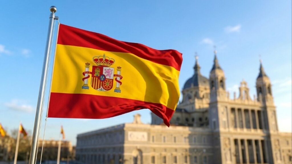Por que a bandeira da Espanha possui uma faixa vermelha e amarela com um escudo no centro, e o que cada elemento dele representa?