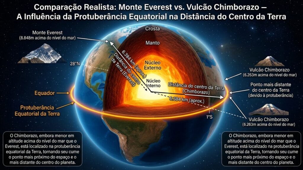 A estrutura geológica do planeta Terra coloca o vulcão Chimborazo no Equador à frente do Monte Everest como o ponto mais próximo do espaço