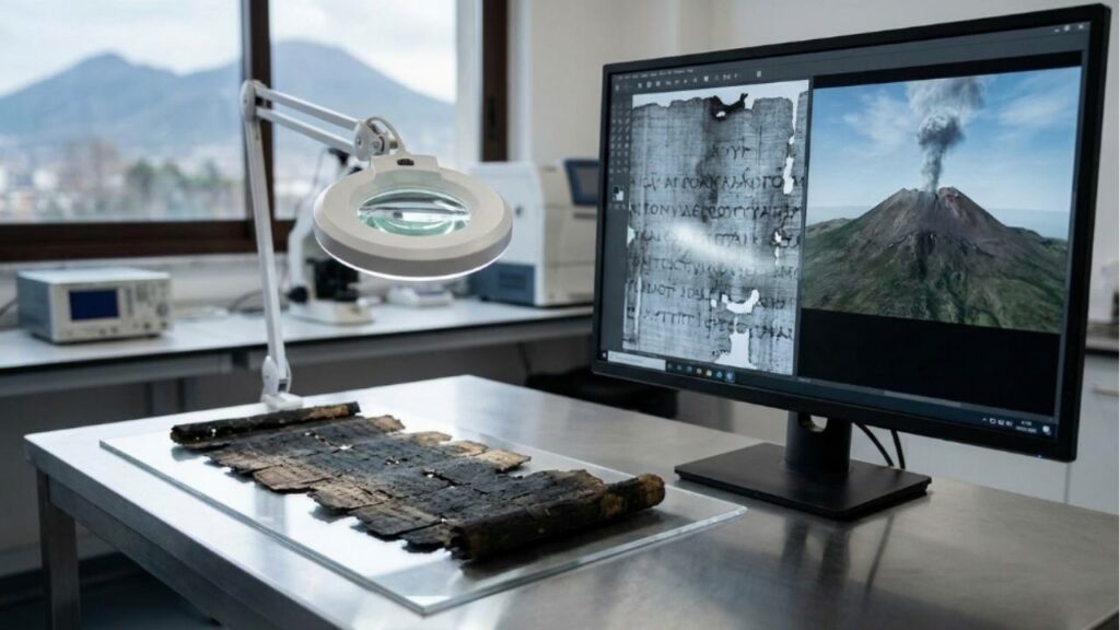 Um rolo de papiro, completamente destruído durante a erupção de um vulcão, foi decifrado com a ajuda de inteligência artificial
