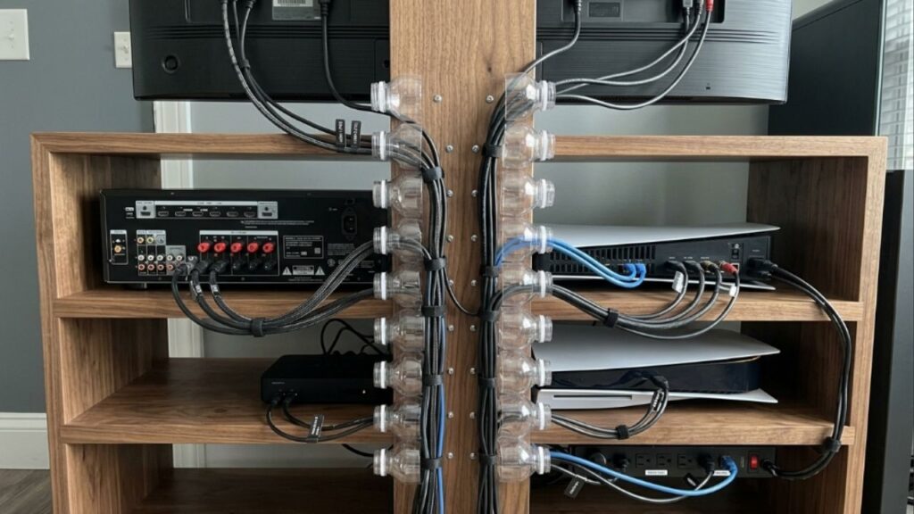 Não jogue o gargalo das garrafas plásticas fora! Ideias para reutilizar essas garras como passadores de fios para organizar a fiação atrás do painel da TV