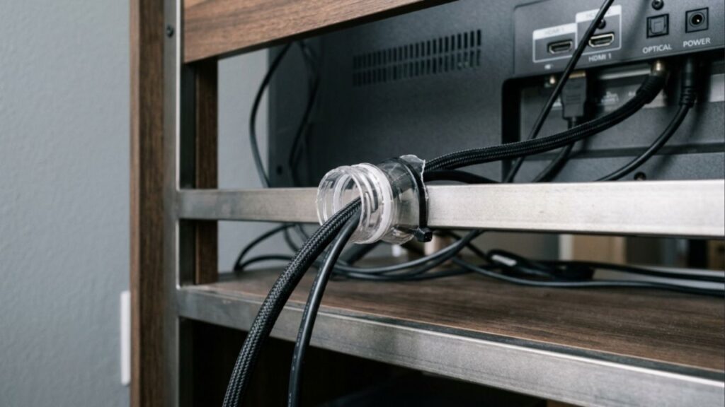 Não jogue o gargalo das garrafas plásticas fora! Ideias para reutilizar essas garras como passadores de fios para organizar a fiação atrás do painel da TV